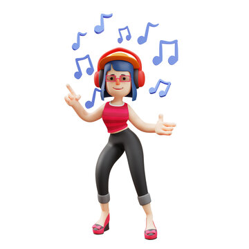 Cute Lady 3D Cartoon Picture listening to the music on a headphone