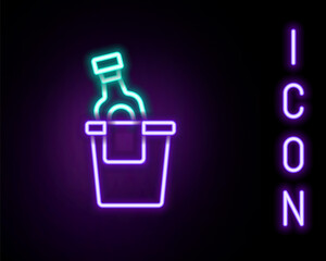 Glowing neon line Bottle of champagne in an ice bucket icon isolated on black background. Colorful outline concept. Vector