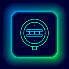 Glowing neon line Railroad crossing icon isolated on black background. Railway sign. Colorful outline concept. Vector