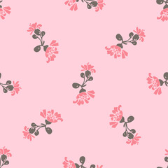 Drawing bloom pink flowers roses. Cute meadow floral seamless pattern. Nature abstract background vector wallpaper. Line art botanical illustration for graphic design print. Trendy pastel colors paint