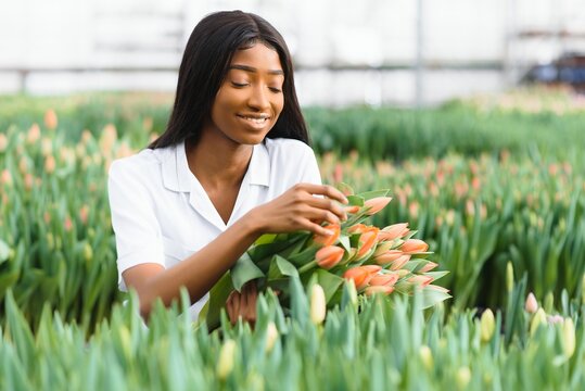 Agriculture management. Smiling african american girl makes photo of flowers plantation in greenhouse, side view, free space - Powered by Adobe