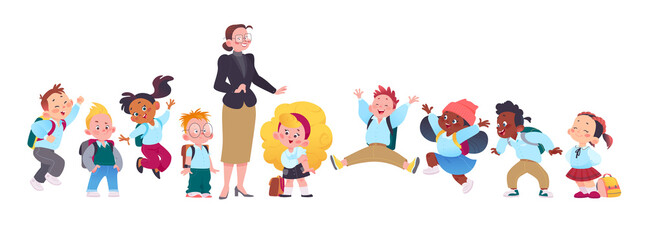 Portrait of teacher, boys and girls pupils characters isolated on white background. Back to school concept. Vector flat cartoon illustration. For banners, ads, packaging.