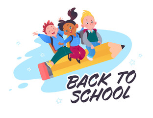 Back to school concept design with happy school kids fly on big pencil like a rocket isolated on white background. Vector flat cartoon illustration. For banners, ads, package, web.