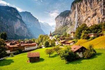 Summer view of alpine valley of Lauterbrunnen. Location place Swiss alp, Europe.