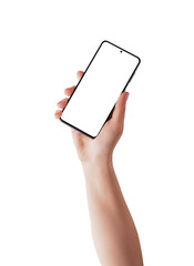 Girl's hand happily shows her mobile phone, lifting it high in the air. Isolated screen and background for mockup, app promotion