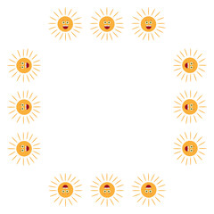 Square frame with smiling sun on white background. Vector image.