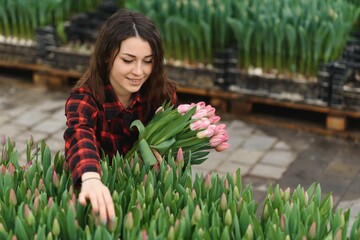 Young beautiful woman greenhouse worker holds a blooming tulips in her hands and smiles.