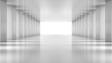 White empty light Hall Zoom in. Perspective view of White empty Modern Architecture room. Abstract  white tunnel Background. 3D Render.