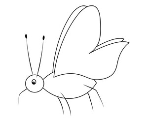 Mosquito. Sketch. A blood-sucking insect with a pointed proboscis. Vector illustration. Coloring book for children. A cute creature with a mustache. Outline on white isolated background. Doodle style.