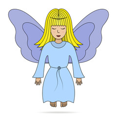 Angel. Colored vector illustration. Girl with wings. The fairy lady closed her eyes. The little sorceress is flying. Isolated white background. Cartoon style. Festive print. Idea for web design.