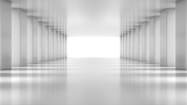 White empty light Hall Zoom in. Perspective view of White empty Modern Architecture room. Abstract  white tunnel Background. 3D Render.