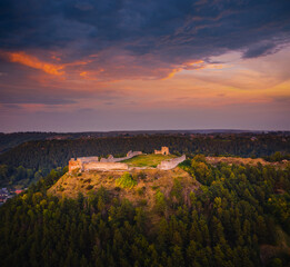 Naklejka premium The ruins of Kremenets Castle on a hill from a bird's eye view. Location place Ukraine, Europe.