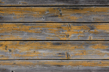 Horizontal old boards with the remnants of yellow weathered paint. A wooden old background with a copyspace