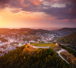 The ruins of Kremenets Castle on a hill from a bird's eye view. Location place Ukraine, Europe.