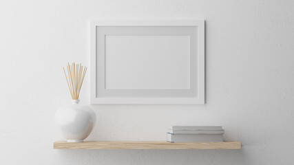 Poster mockup, white wooden frame. 3D rendering