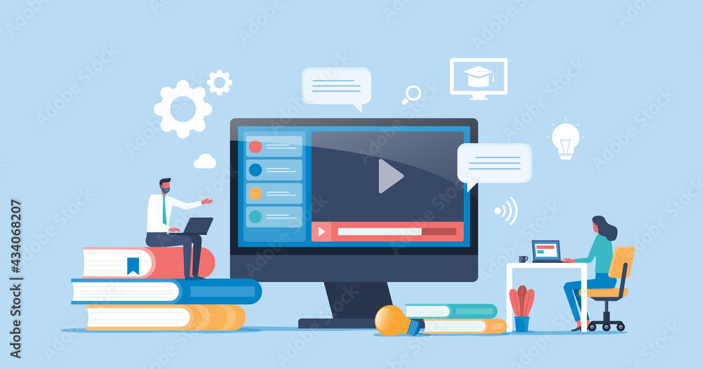 Poster flat vector people using video in online learning meeting conference and working concept