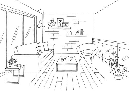 Balcony graphic black white interior sketch illustration vector 