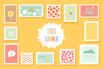 Summer postage stamps with flowers and cute fruits and romantic elements in flat style. Cartoon cute envelope stamps