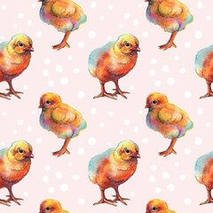 seamless pattern with watercolor painted chickens