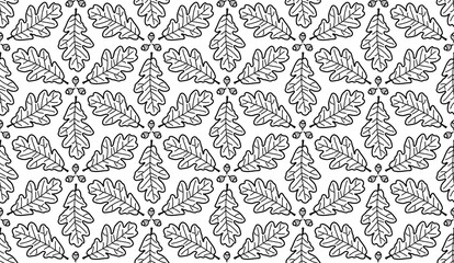 Doodle leaves vector pattern. Cute seamless print for textile, paper. Nature ornament with doodle oak leaves, acorns. Black and white print for scrapbooking, wrapping. Leaf hand drawn seamless pattern