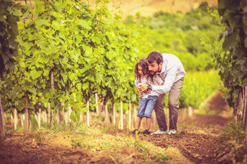 Father and son in the vineyard. Father talking his son about agriculture.