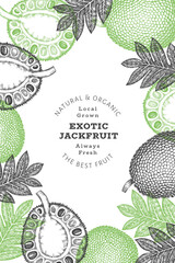 Hand drawn sketch style jackfruit banner. Organic fresh fruit vector illustration. Retro breadfruit design template