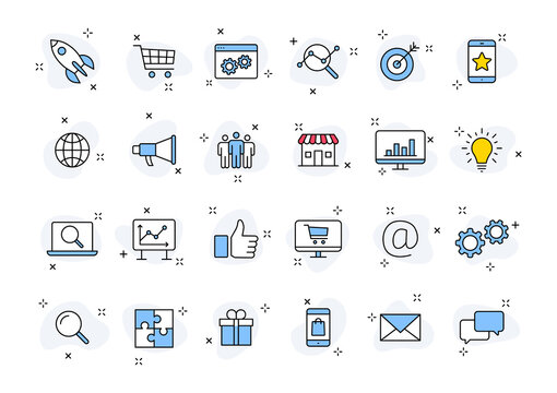 Set of 24 Digital Marketing web icons in line style. Social, networks, feedback, communication, marketing, ecommerce. Vector illustration.