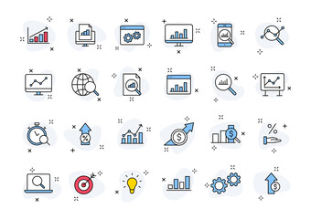 Set of 24 Data Analysis web icons in line style. Graphs, Analysis, Big Data, growth, chart, research. Vector illustration.