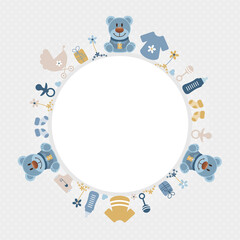 Retroblauer Teddy Babysymbole Junge Retroblau Senfgelb Runder Rahmen Grau