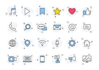 Set of 24 Social Media web icons in line style. Contact, digital, social networks, technology, website. Vector illustration.