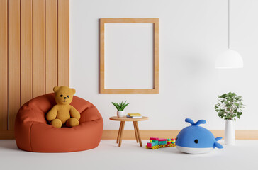 Mock up poster frame with cute teddy bear for a boy baby shower 3D rendering