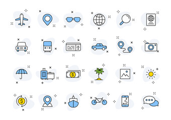Set of 24 Travel and Holiday web icons in line style. Transport, Luggage, food, navigation, holiday. Vector illustration.