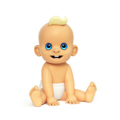Cute Baby sitting, Caucasian infant 3d rendering on white background