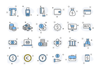 Set of 24 Money and Payment web icons in line style. Business, investment, financial, banking, exchange, pay. Vector illustration.