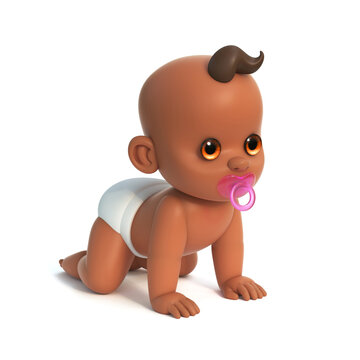 Cute Baby crawling, African infant 3d rendering on white background