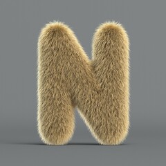 Hairy font, furry alphabet, 3d rendering, letter N