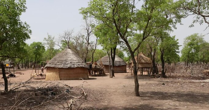  North Ghana village mud grass huts Africa 4K. Rural traditional mud and straw huts and buildings. African tribal and native homes far from civilization