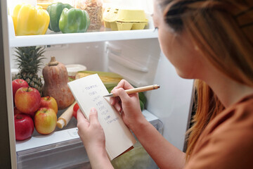 Young woman standing in front of opened fridge and checking if she bought everything from shopping list - obrazy, fototapety, plakaty
