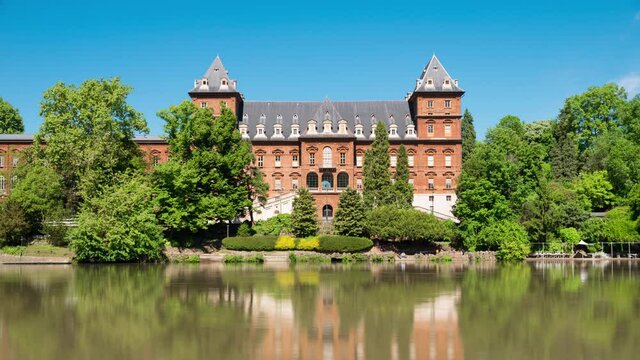 Turin, Italy. View of the Valentino castle in the park of the same name on the bank of the Po river.