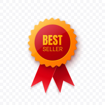 Best Seller Realistic 3d Red Medal Isolated on White Background. Vector illustration