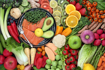 Health food for a healthy diet for fitness very high in nutritional values with protein, omega 3, antioxidants, anthocyanins, minerals, vitamins, dietary fibre, lycopene & smart carbs. Flat lay.