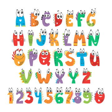 Vector cartoon dino font with eyes. Dinosaur alphabet letters and numbers, funny dinosaur letter signs for kindergarten or school. Dinosaur alphabet, typography children letters abc