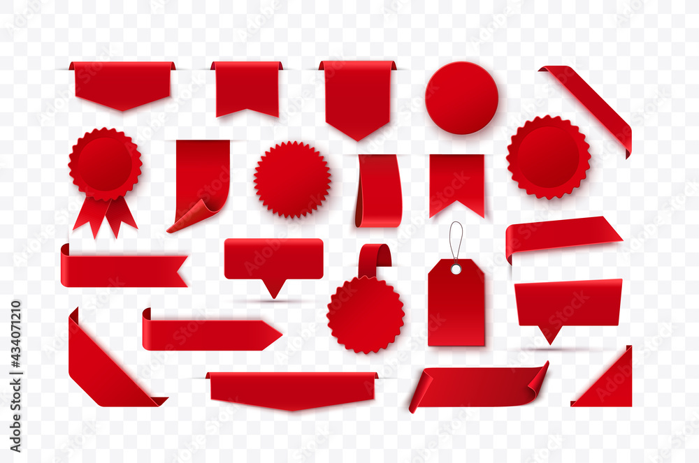 Wall mural set of red blank ribbons, tags, badges and labels isolated on checkered background. vector illustrat