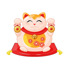 Maneki Neko is a fat cat, a symbol of good luck and wealth. Japanese cat with raised paw and fish. Cartoon Style. Vector illustration. Vector illustration