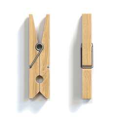 Wooden clothespins form vatious views on white background, pegs 3d rendering