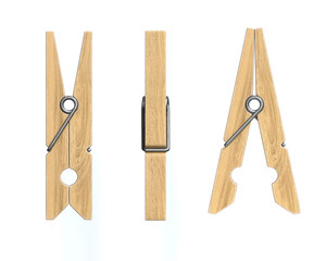 Wooden clothespins form vatious views on white background, pegs 3d rendering