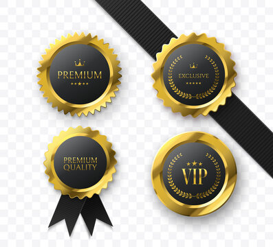 Premium Gold Medals and Badges. Vip sign. Luxury medals collection isolated on white. Vector illustration