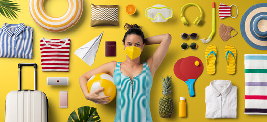 Flat lay top view portrait of young woman, summer holiday, coronavirus, travel and new normal concept.