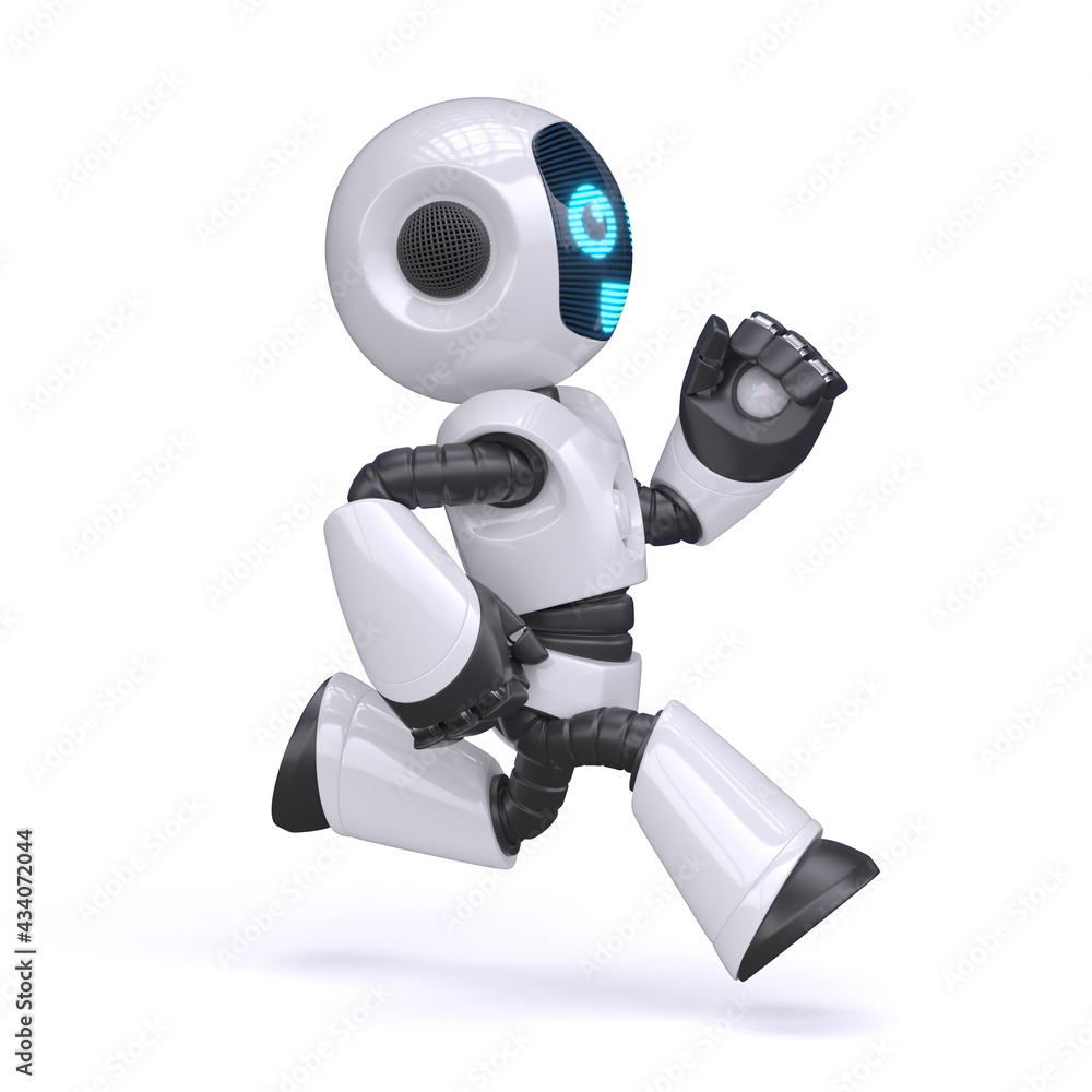 Aufkleber little robot running isolated on white background, 3d rendering