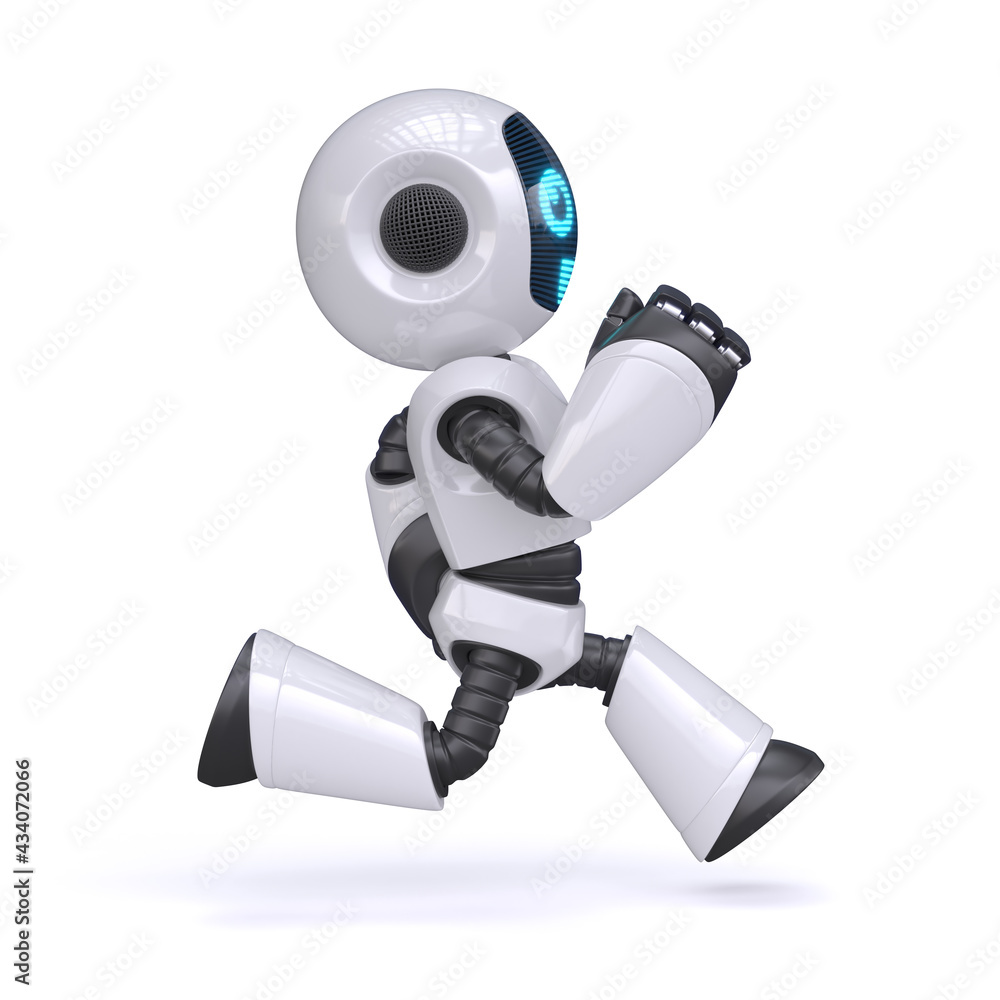 Aufkleber little robot running isolated on white background, 3d rendering